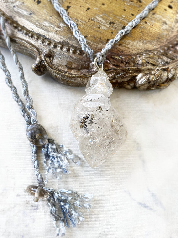 'Soul Path' crystal healing talisman with Fenster Quartz in satin braid