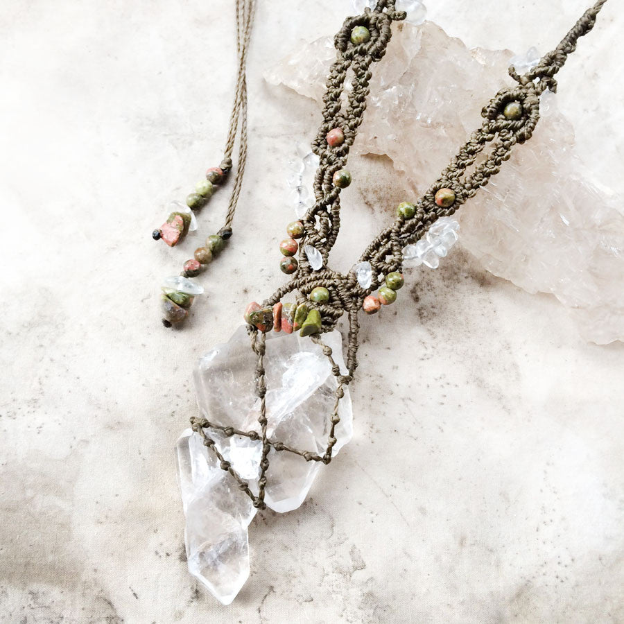 'Path of the Heart' ~ Faden Quartz crystal amulet with Unakite