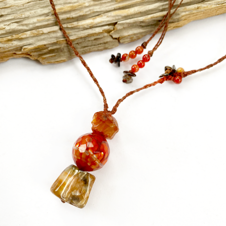 Crystal healing amulet with Agate, Carnelian, Fire Agate & Smokey Quartz