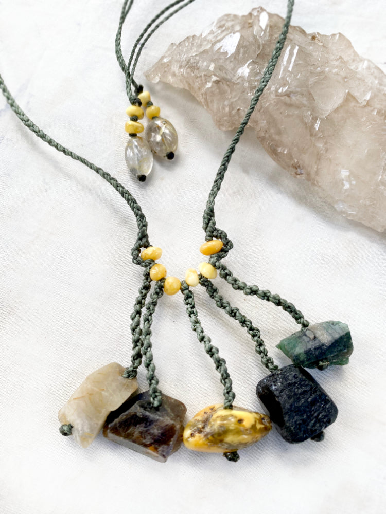 Five Stone talisman with Emerald, Black Tourmaline, Amber, Sapphire & Gold Rutile Quartz