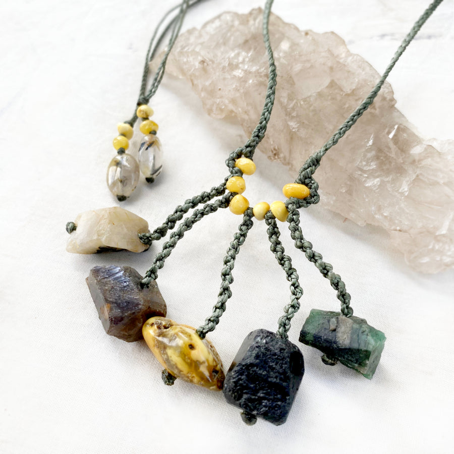 Five Stone talisman with Emerald, Black Tourmaline, Amber, Sapphire & Gold Rutile Quartz