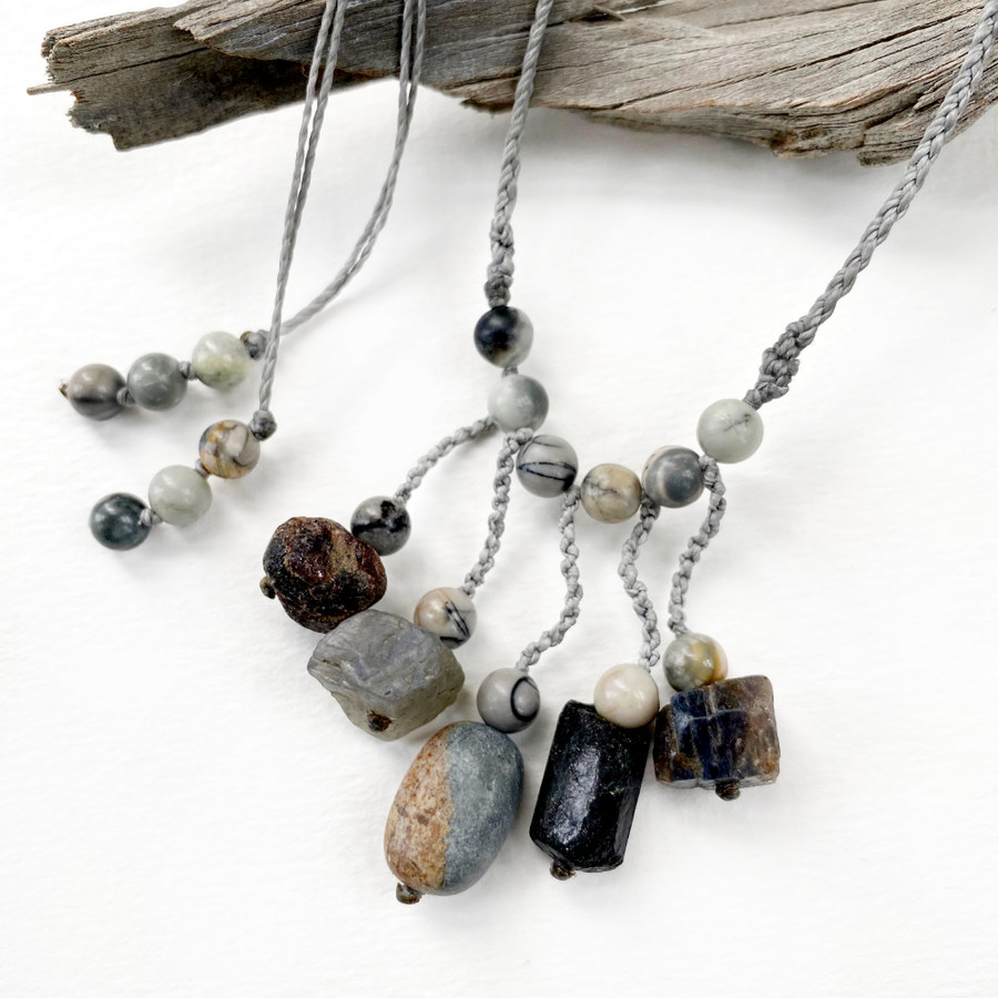 'Five Stone Talisman' ~ crystal healing amulet with Sapphire, Labradorite, Silver Leaf Jasper, Black Tourmaline & Almandine Garnet