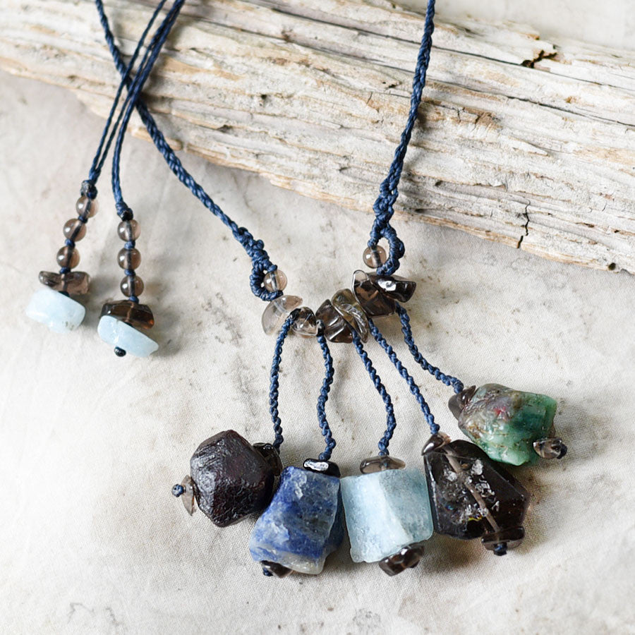 Five stone talisman with Garnet, Sodalite, Aquamarine, Smokey Quartz & Emerald
