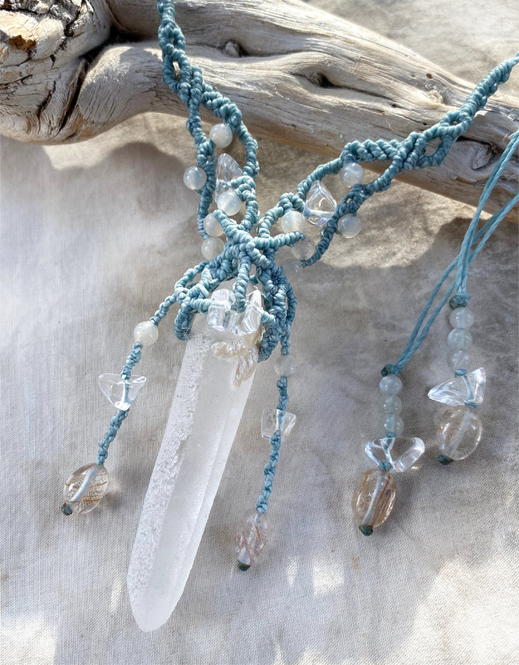 Etched Quartz point crystal healing amulet