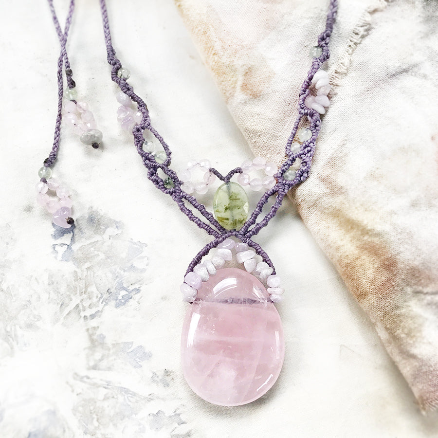 Rose Quartz crystal healing amulet with Kunzite & Prehnite