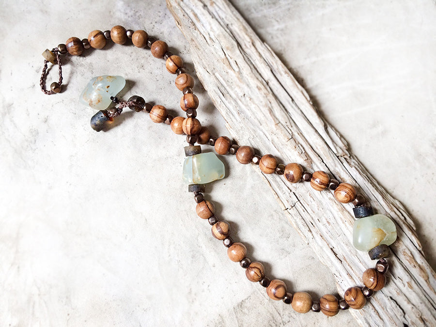 Mala double wrap bracelet with olive wood beads, Hematite, Amber & Aquamarine ~ for up to 6.75
