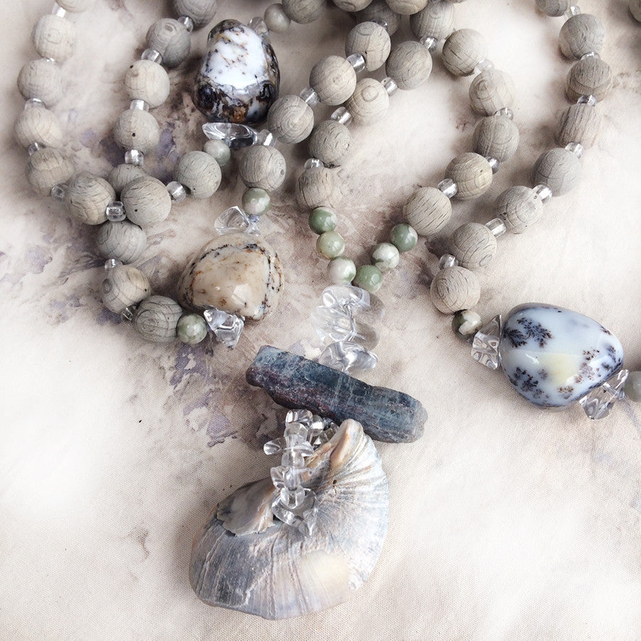 Mala with rough beech wood beads, Moss Opal, Peace Jade, clear Quartz, blue Kyanite & sea shell