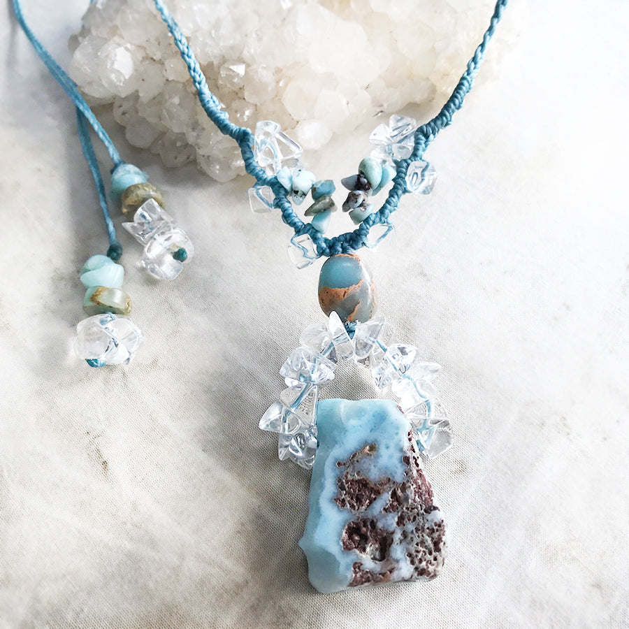 Larimar crystal healing amulet with Aqua Terra Jasper & clear Quartz