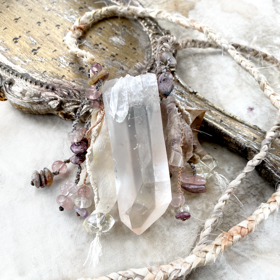 Large Quartz crystal healing talisman in silk braid