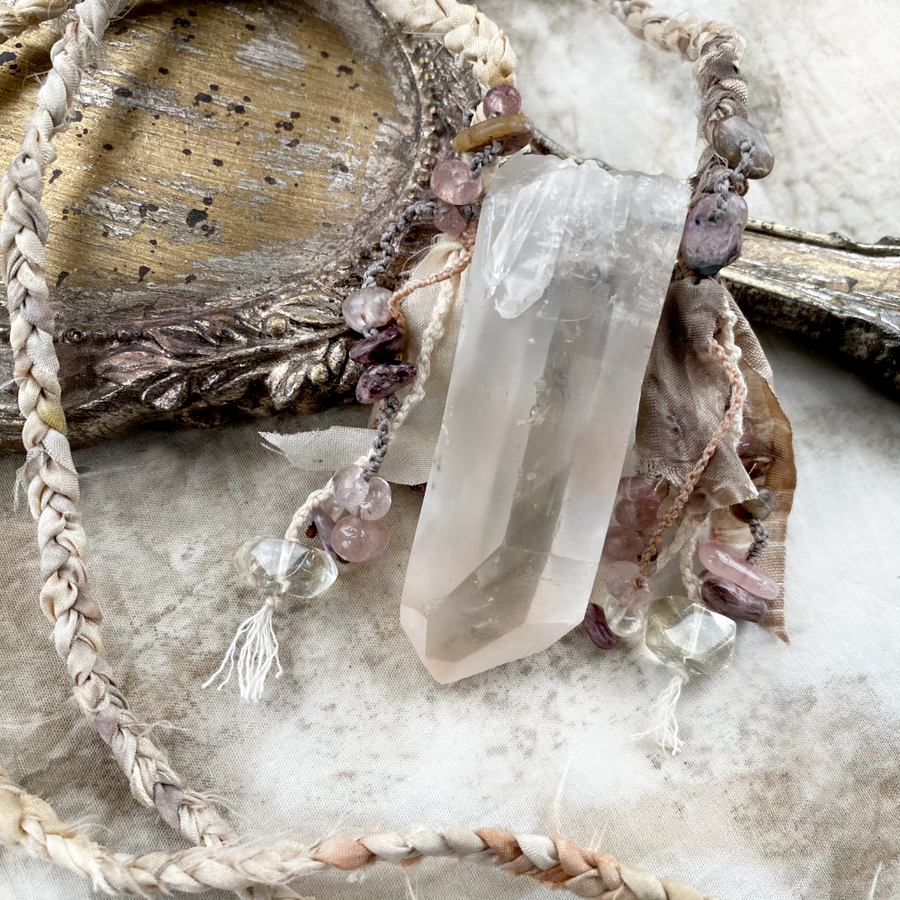 Large Quartz crystal healing talisman in silk braid