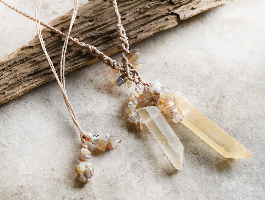 'Synchronicity' ~ crystal healing amulet with two Quartz points & Agate