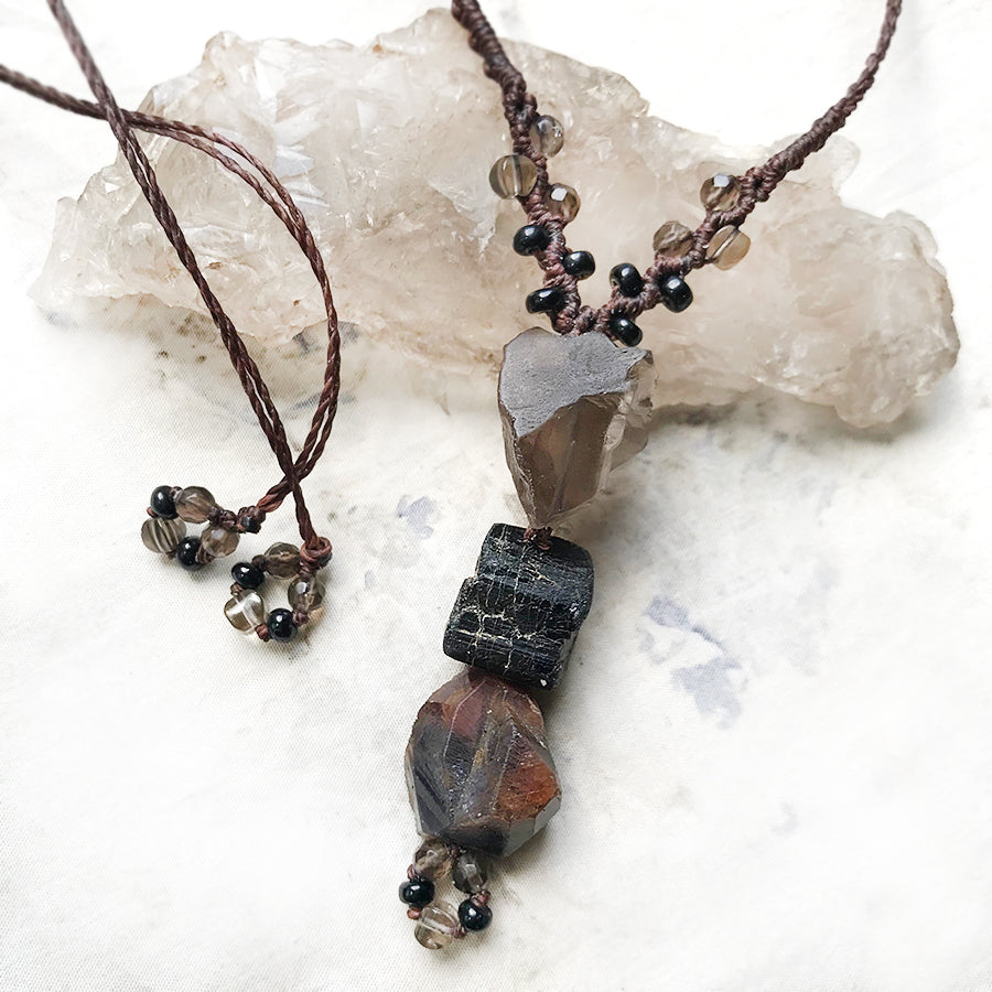 Crystal healing amulet with Smokey Quartz, Black Tourmaline & Sapphire