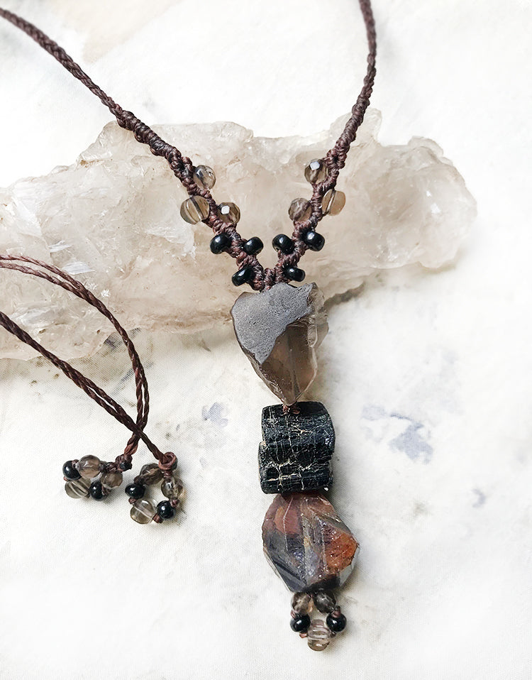 Crystal healing amulet with Smokey Quartz, Black Tourmaline & Sapphire