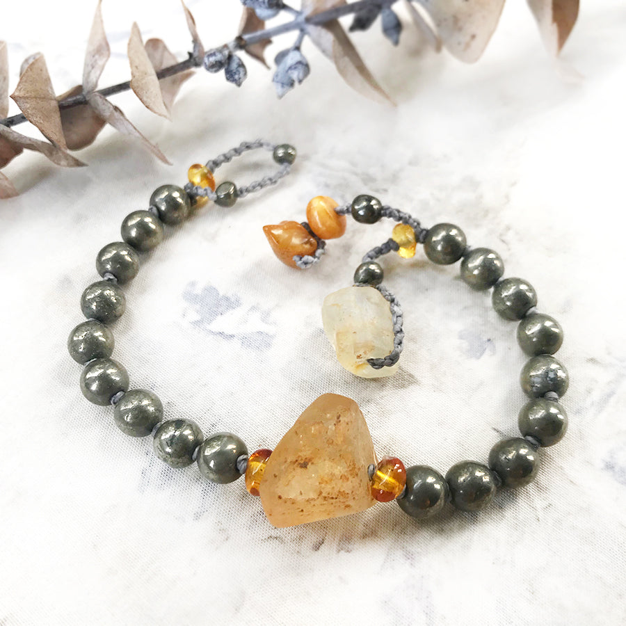 Mala bracelet with Pyrite, Topaz & Amber ~ for up to 6.25