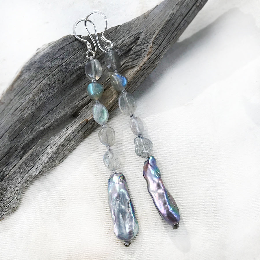 Crystal energy earrings with Labradorite & Biwa pearls