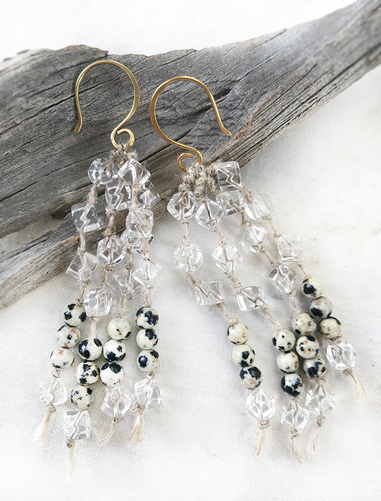 Crystal energy earrings with clear Quartz & Dalmatian Jasper