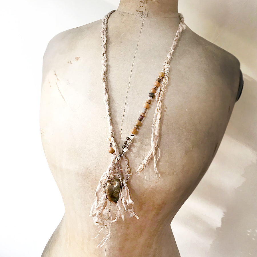Flint Hagstone lariat necklace with Silver Leaf Jasper
