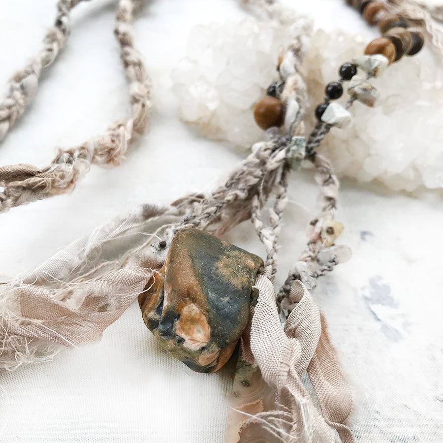 Flint Hagstone lariat necklace with Silver Leaf Jasper