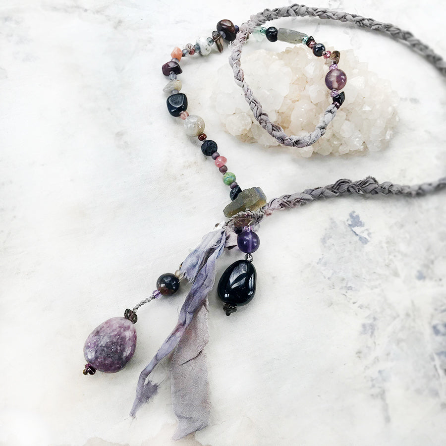Crystal energy lariat necklace with Black Tourmaline & Lepidolite