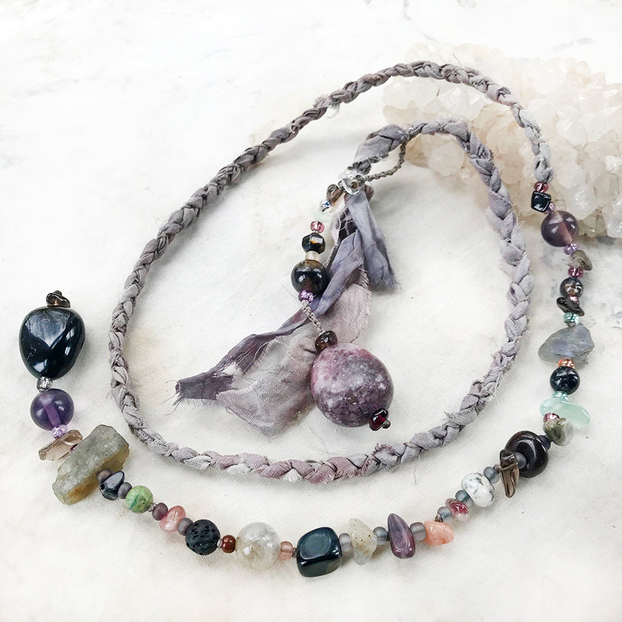 Crystal energy lariat necklace with Black Tourmaline & Lepidolite