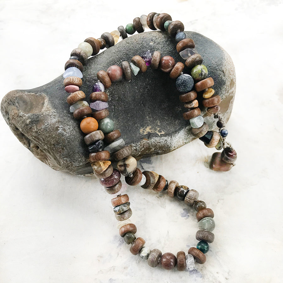 Multi-crystal necklace with grey wood