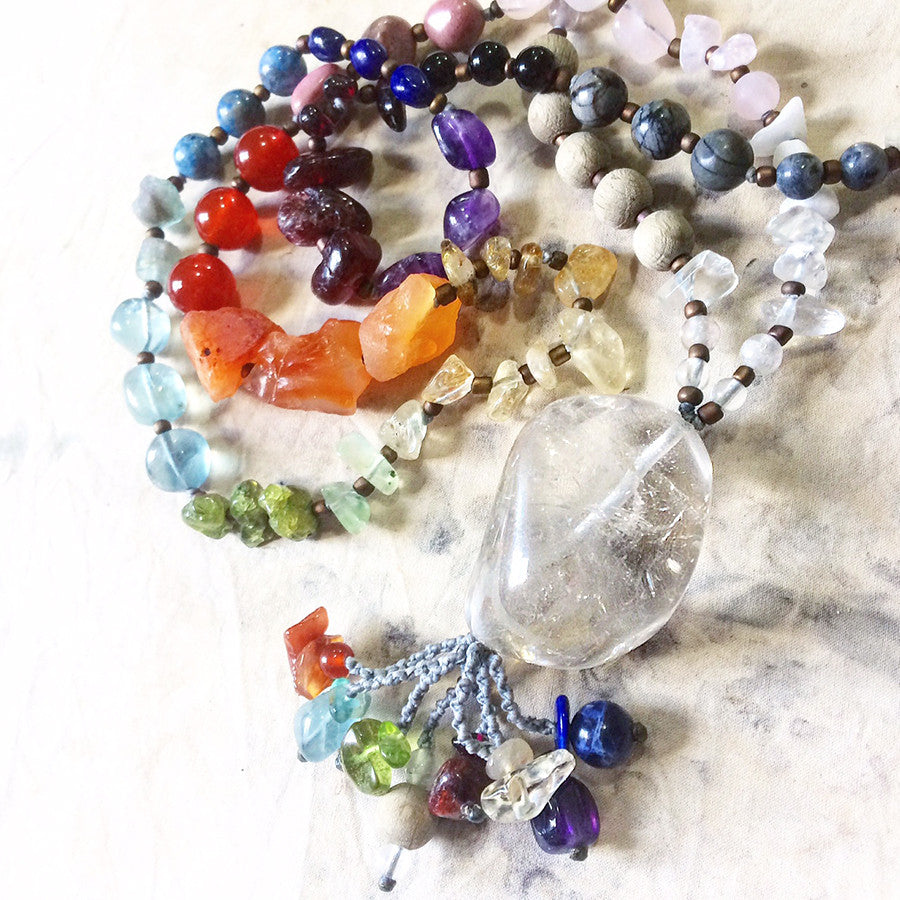 Crystal healing necklace with chakra crystals & beech beads
