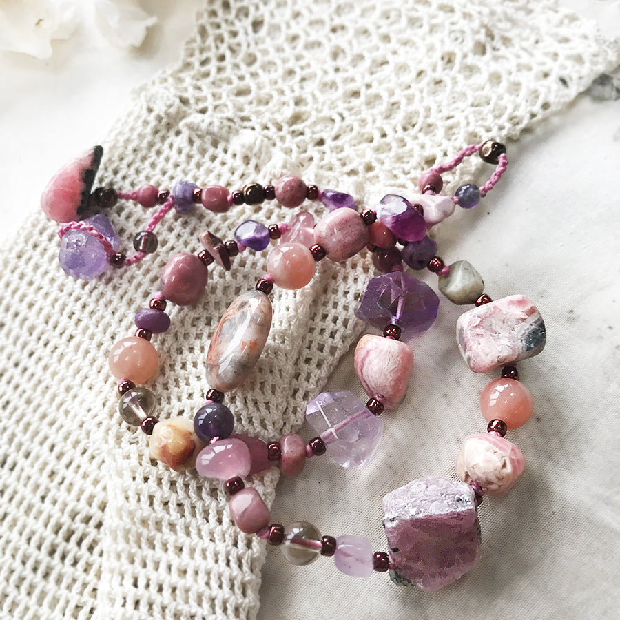 Crystal healing wrap bracelet in tones of pink & purple ~ for up to 6.5