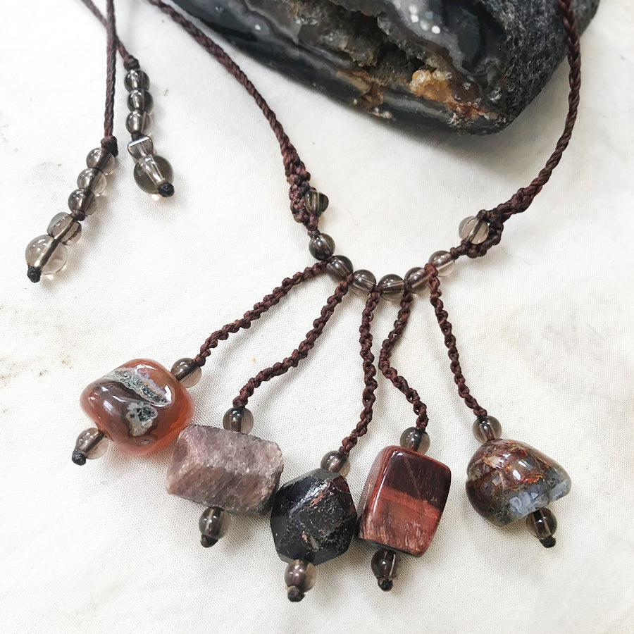 Crystal healing amulet with Carnelian, Sapphire, Almandine Garnet, Tiger Iron & Pietersite