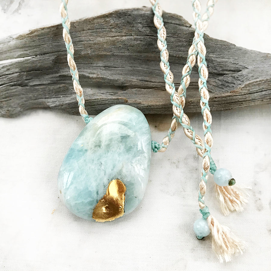 'Crystal kintsugi' crystal healing amulet with Aquamarine