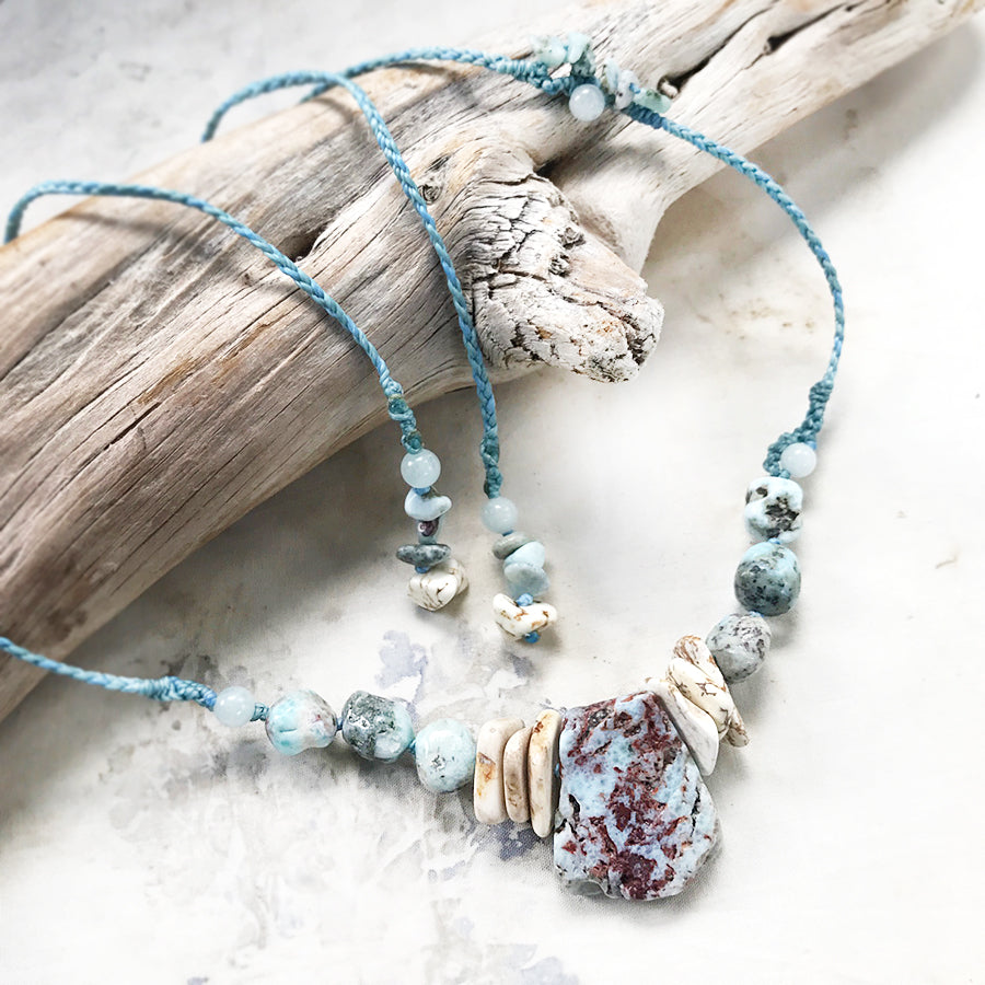 Larimar crystal healing amulet with Magnesite & Aquamarine