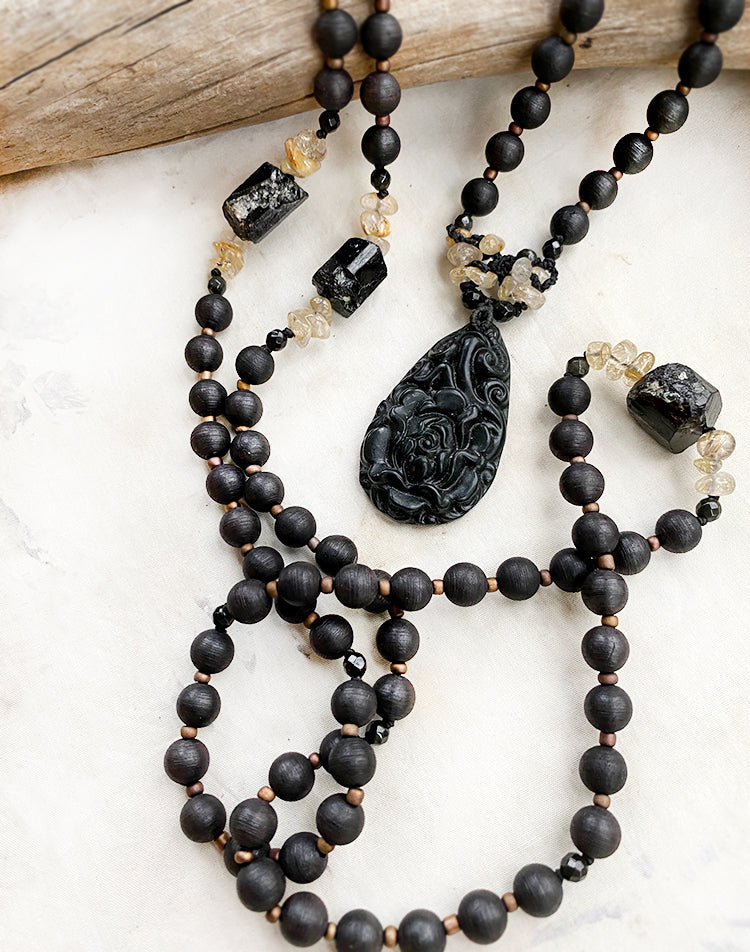 Agarwood meditation mala with Black Tourmaline, Gold Rutile Quartz & Nephrite Jade