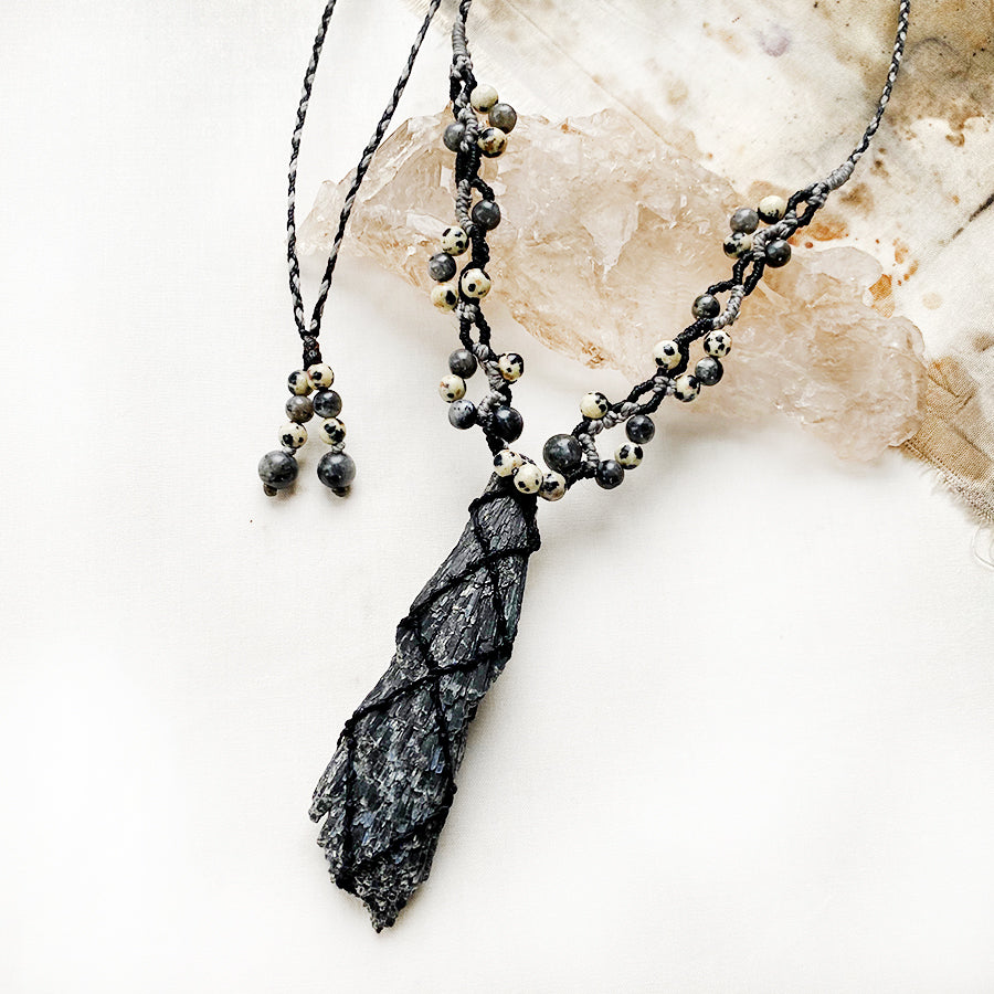 Black Kyanite crystal healing amulet