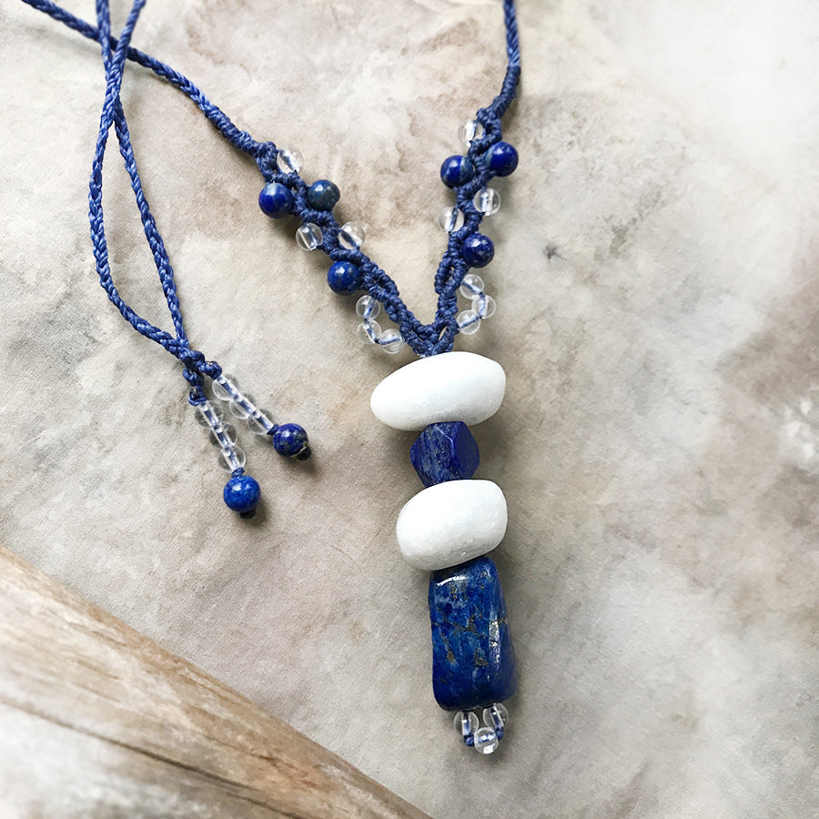 Crystal healing amulet with Snow Quartz, Lapis Lazuli & clear Quartz