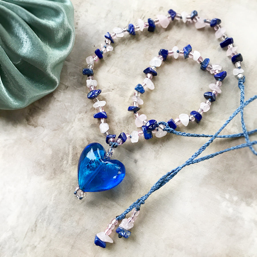 'Heartfelt' ~ blue glass heart necklace with Rose Quartz & Lapis Lazuli