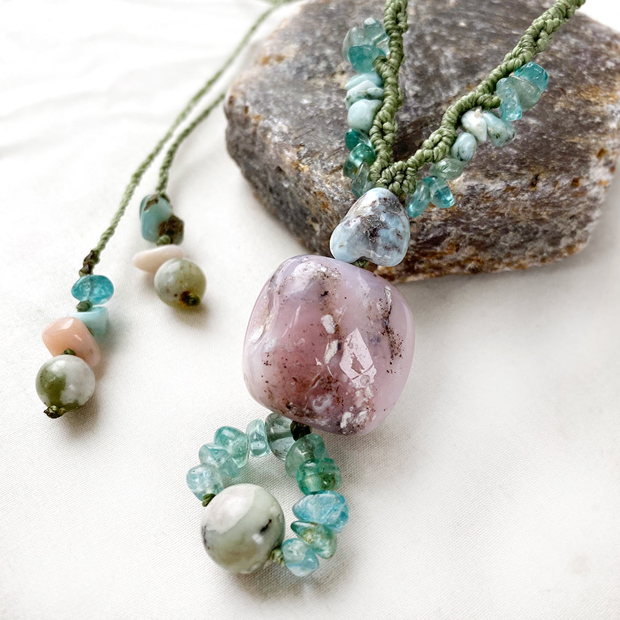Crystal healing amulet with Peruvian Opal, Apatite, Peace Jade & Larimar