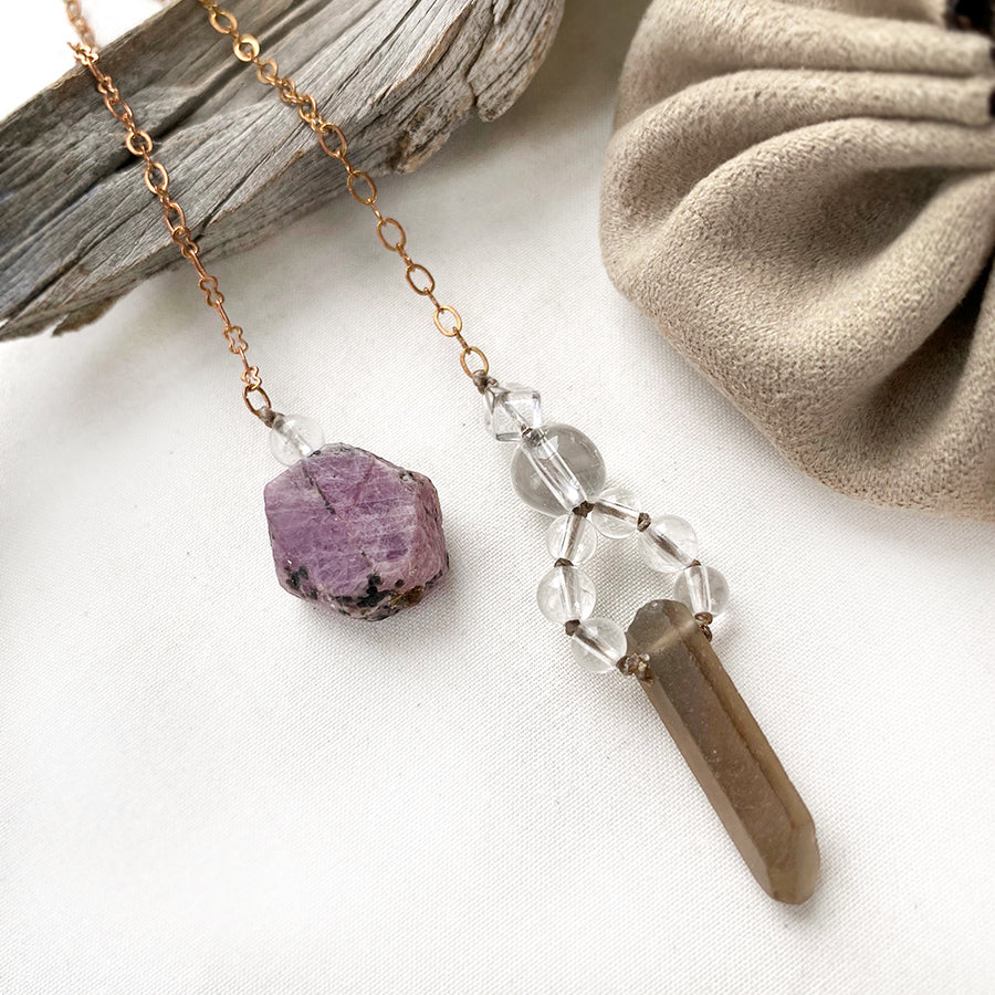 Crystal pendulum for dowsing ~ Smokey & clear Quartz with Ruby handle