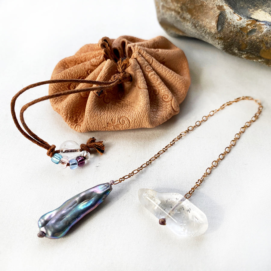 Crystal pendulum for dowsing ~ Biwa Pearl with Quartz handle