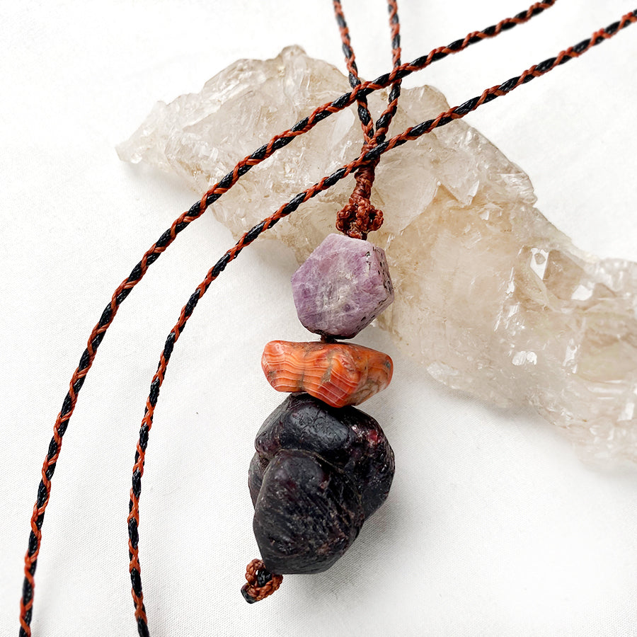 Crystal healing cairn amulet with Almandine Garnet, Carnelian and Ruby