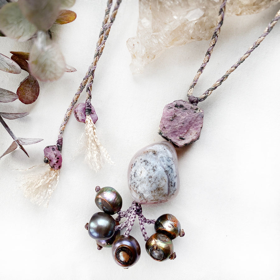 Crystal healing amulet with Ruby, Opal & Biwa Pearls