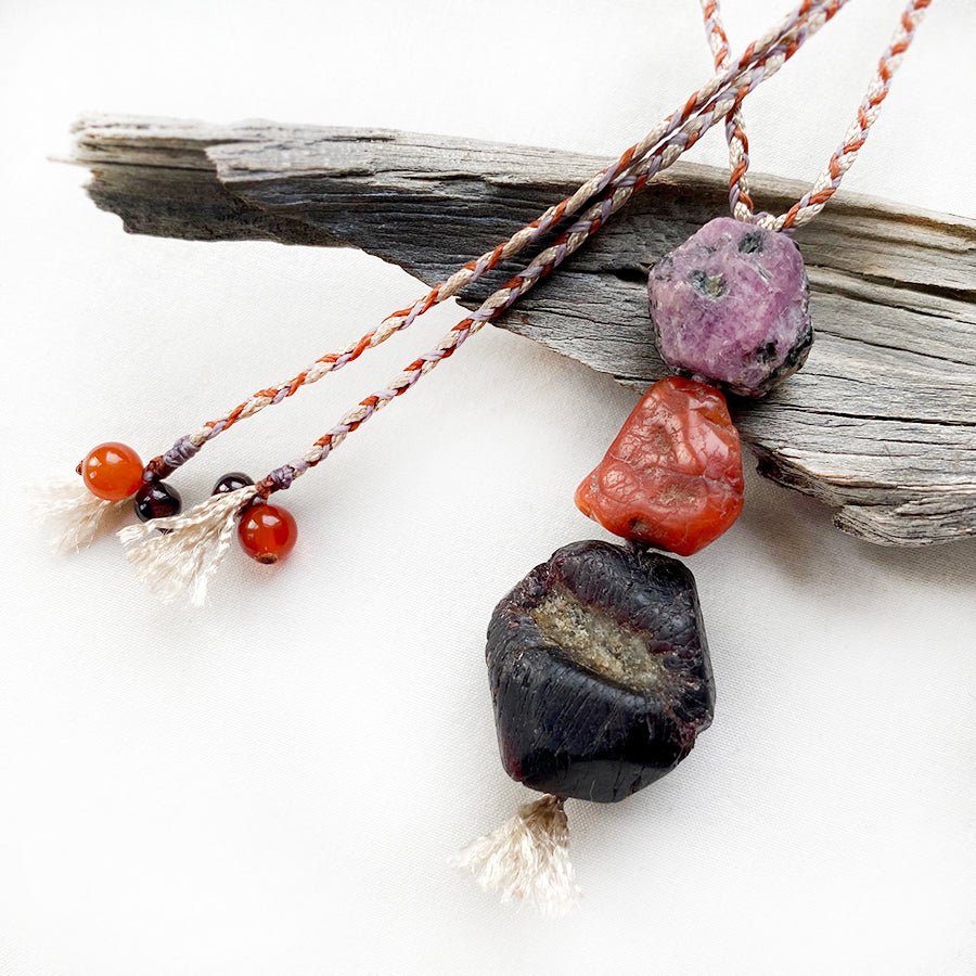 Crystal healing cairn amulet with Almandine Garnet, Carnelian and Ruby