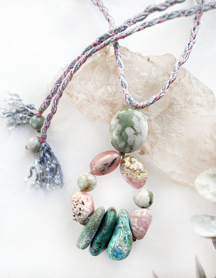 Crystal healing amulet with Peace Jade, Rhodochrosite & Chrysocolla