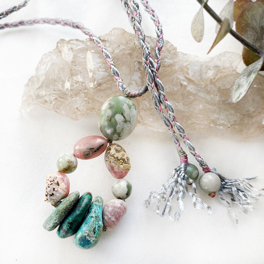 Crystal healing amulet with Peace Jade, Rhodochrosite & Chrysocolla