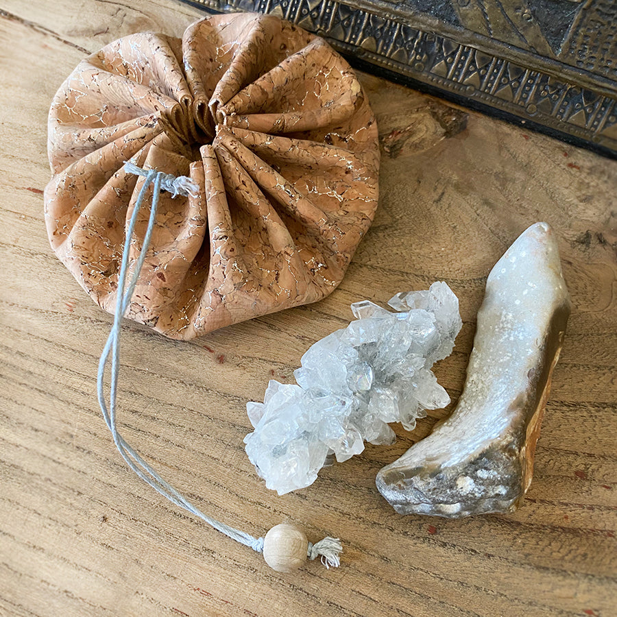 Apophyllite & Flint crystal energy travel set ~ in cork pouch