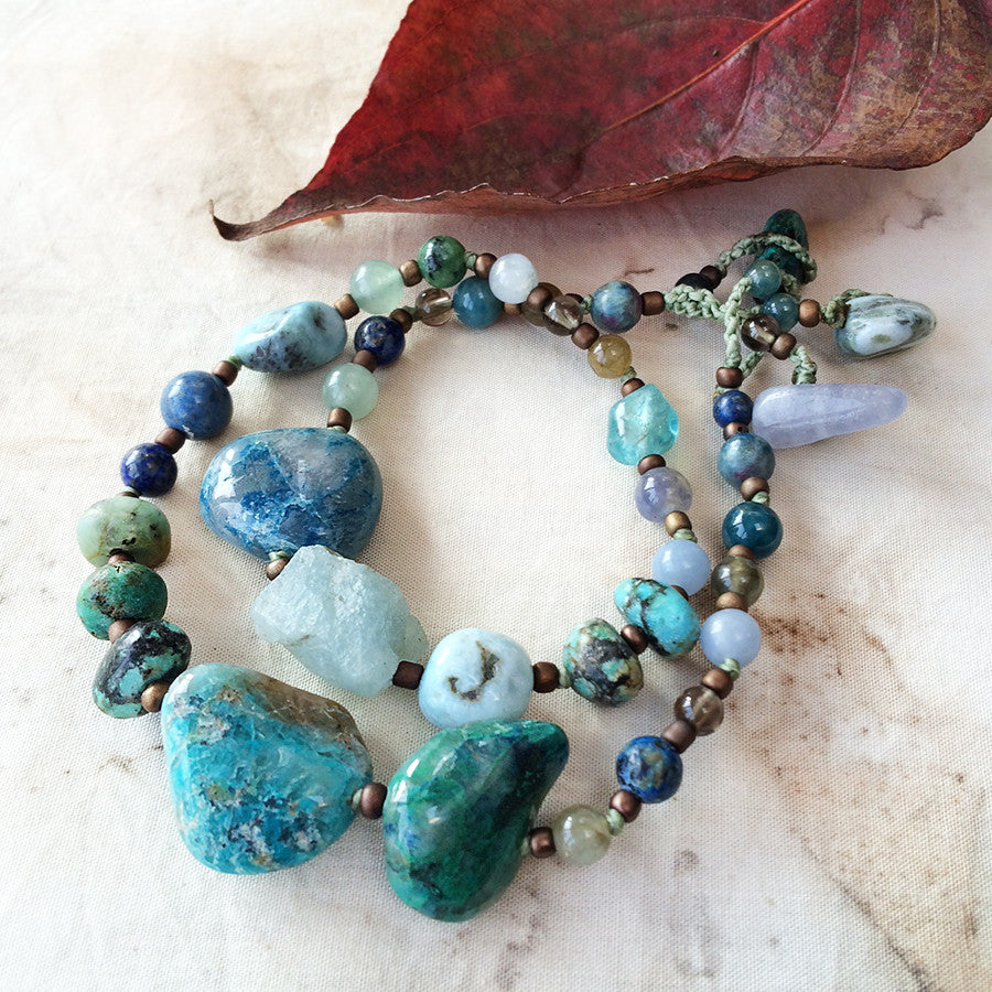 Crystal healing double wrap bracelet in blue & green tones ~ for up to 6.5