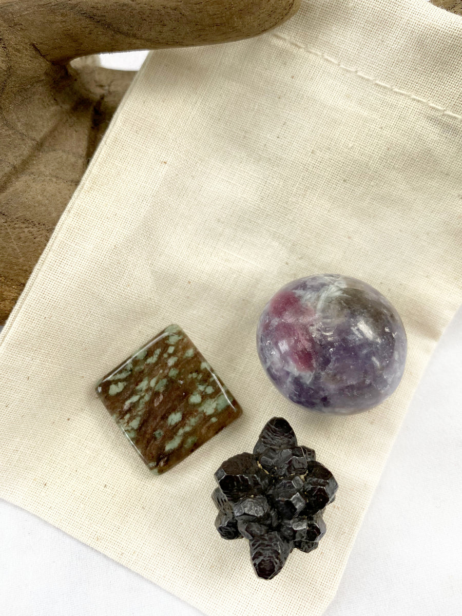 Crystal trio with Nundoorite, Prophecy Stone & Pegmatite