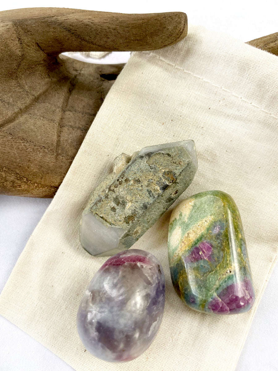 Crystal trio with Ruby in Fuchsite, Pegmatite &  Chlorite Quartz