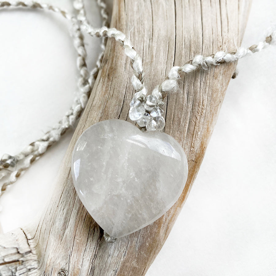 Quartz heart crystal healing talisman in silk braid