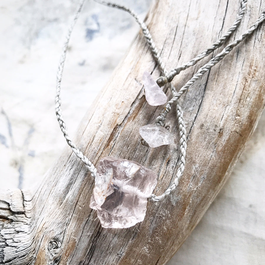Crystal healing amulet with rough cut Ice Rose Quartz