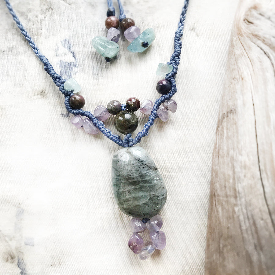 Crystal healing amulet with Aquamarine, Amethyst & Tourmaline