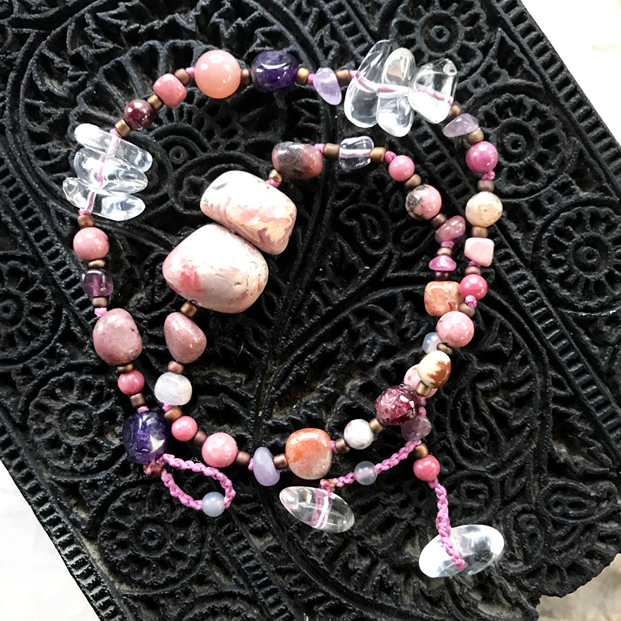 Crystal healing double wrap bracelet in pink tones ~ for up to 6.5